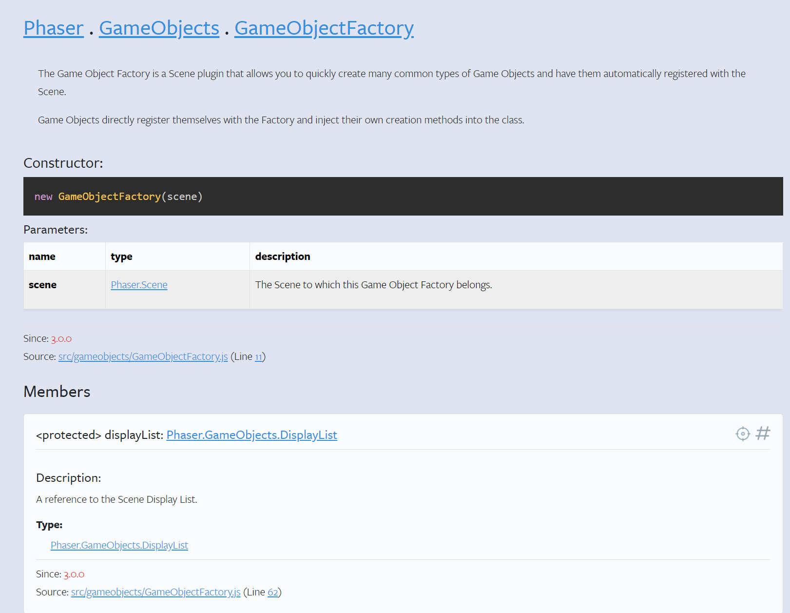 Screenshot of the 'GameObjectFactory' entry in the Phaser docs. The docs are vague and include a lot of irrelevant information, like protected class members for an internal class.