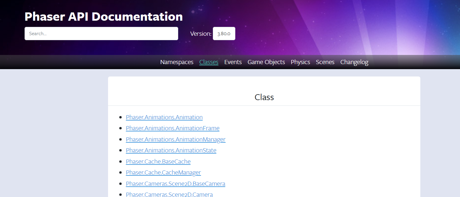 Screenshot of the Phaser docs. It shows a screen broken into categories like 'Namespaces', 'Classes', and 'Events', and includes a list of classes sorted alphabetically with no other details or explanation.