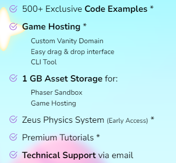 Phaser's website, some features randomly have a small '*' next to them